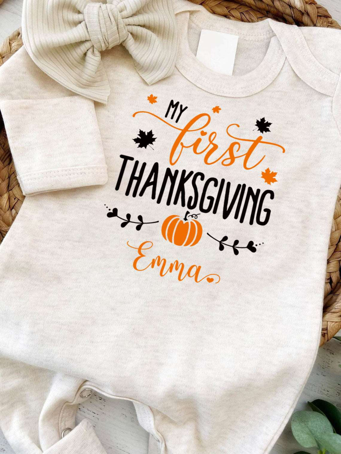 Personalized First Thanksgiving Neutral Romper – Baby Little Turkey Onesies, Retro Style