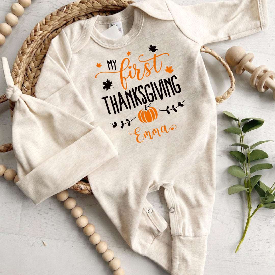 Personalized First Thanksgiving Neutral Romper – Baby Little Turkey Onesies, Retro Style