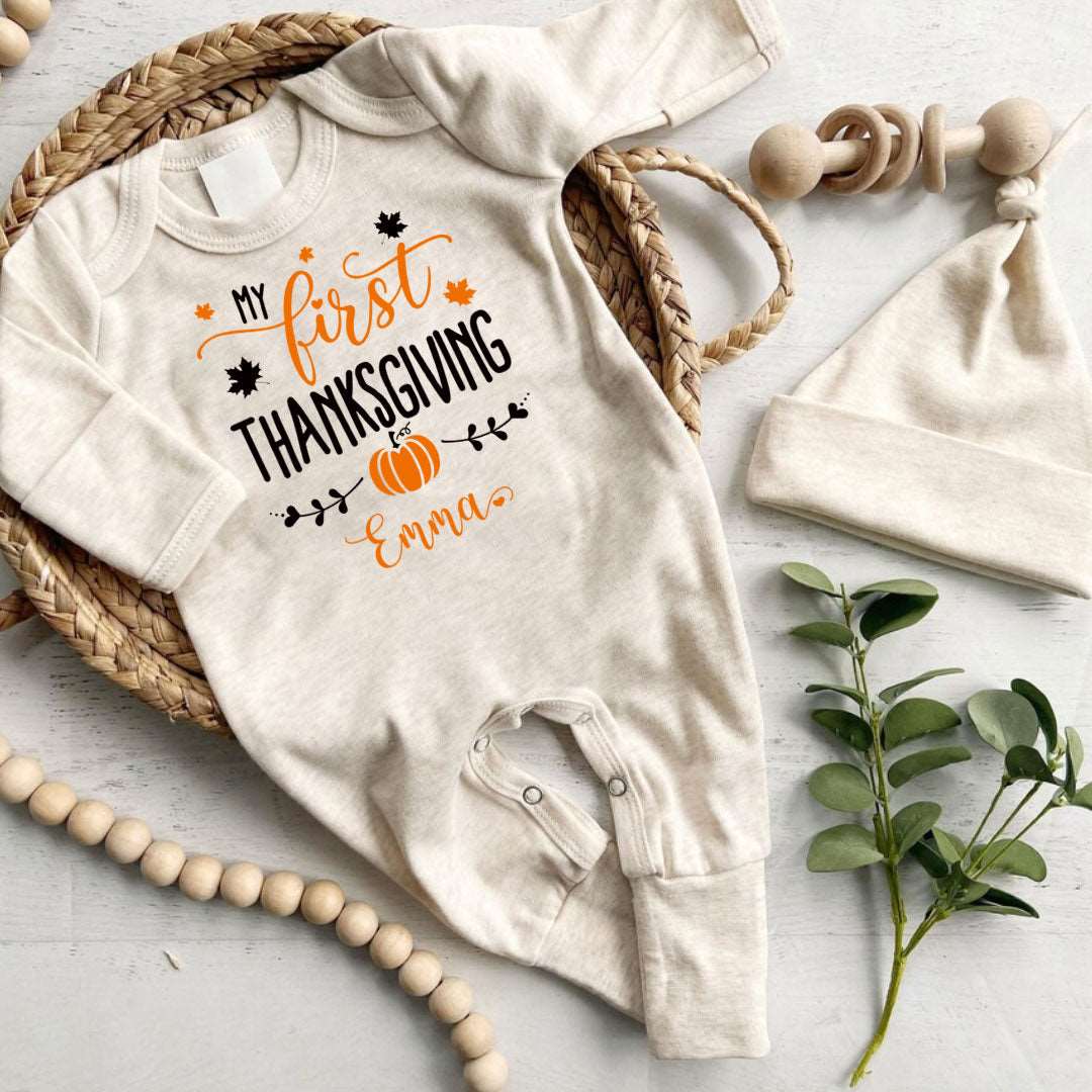 Personalized First Thanksgiving Neutral Romper – Baby Little Turkey Onesies, Retro Style