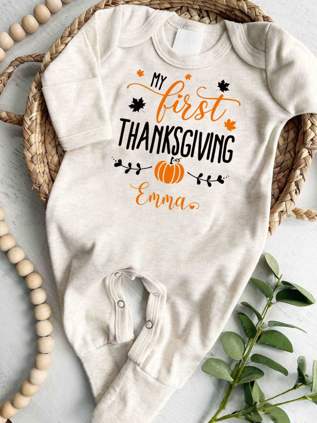 Personalized First Thanksgiving Neutral Romper – Baby Little Turkey Onesies, Retro Style