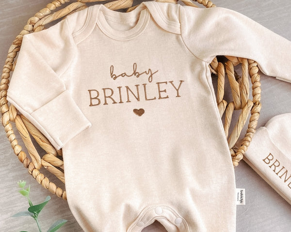 Custom Embroidered Baby boy Name Romper® Personalized Gifts for Newborn, Pregnancy Announcement, Embroidered Natural Romper®, Custom Romper® - BabiChic