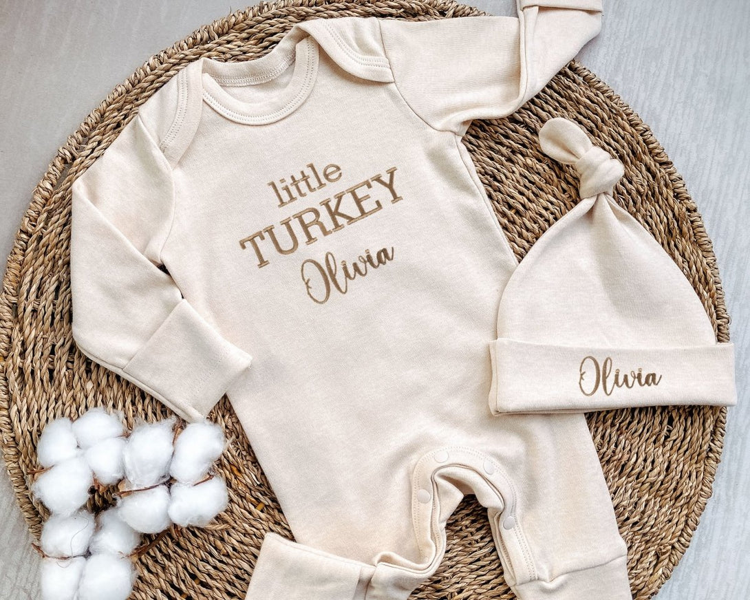 Custom embroidered Baby Girl Romper hat Set Little Turkey Thanksgiving Outfit Boho style Newborn Coming Home Outfit With Embroidered Baby Name - BabiChic