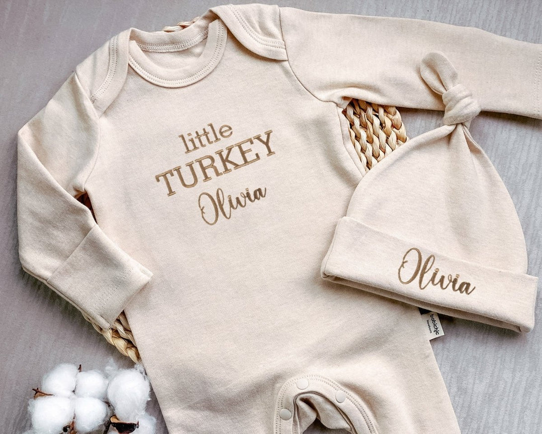 Custom embroidered Baby Girl Romper hat Set Little Turkey Thanksgiving Outfit Boho style Newborn Coming Home Outfit With Embroidered Baby Name - BabiChic