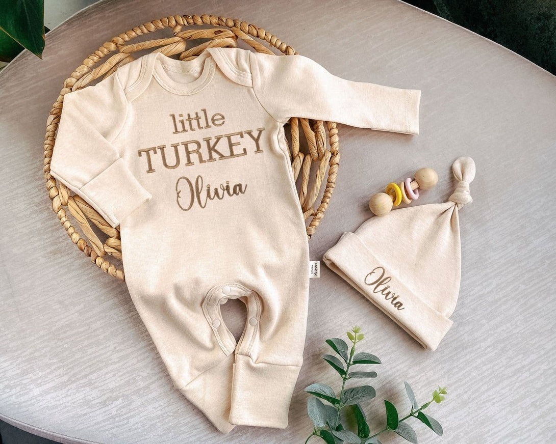 Custom embroidered Baby Girl Romper hat Set Little Turkey Thanksgiving Outfit Boho style Newborn Coming Home Outfit With Embroidered Baby Name - BabiChic