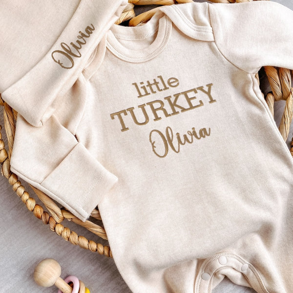 Custom embroidered Baby Girl Romper hat Set Little Turkey Thanksgiving Outfit Boho style Newborn Coming Home Outfit With Embroidered Baby Name - BabiChic