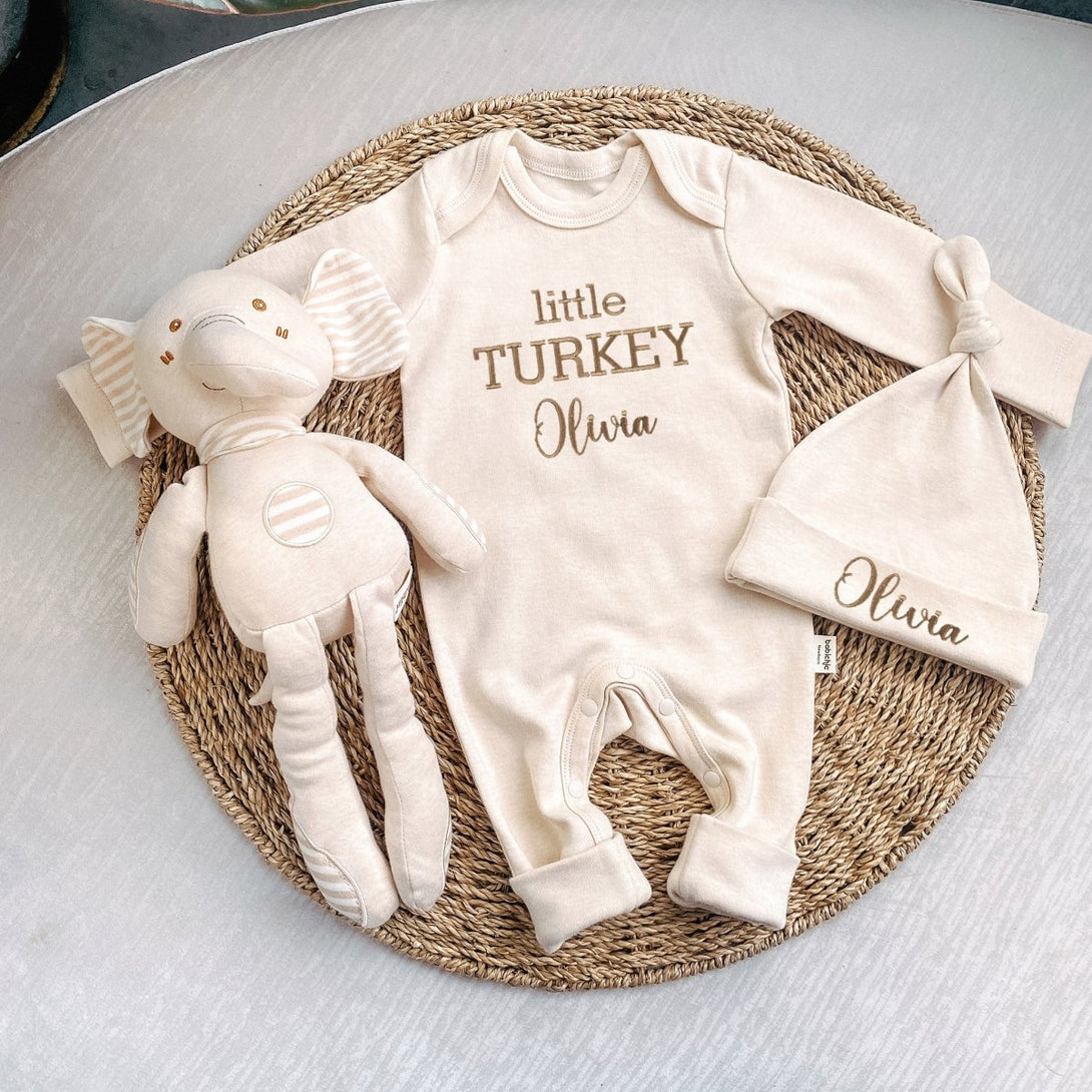 Custom embroidered Baby Girl Romper hat Set Little Turkey Thanksgiving Outfit Boho style Newborn Coming Home Outfit With Embroidered Baby Name - BabiChic