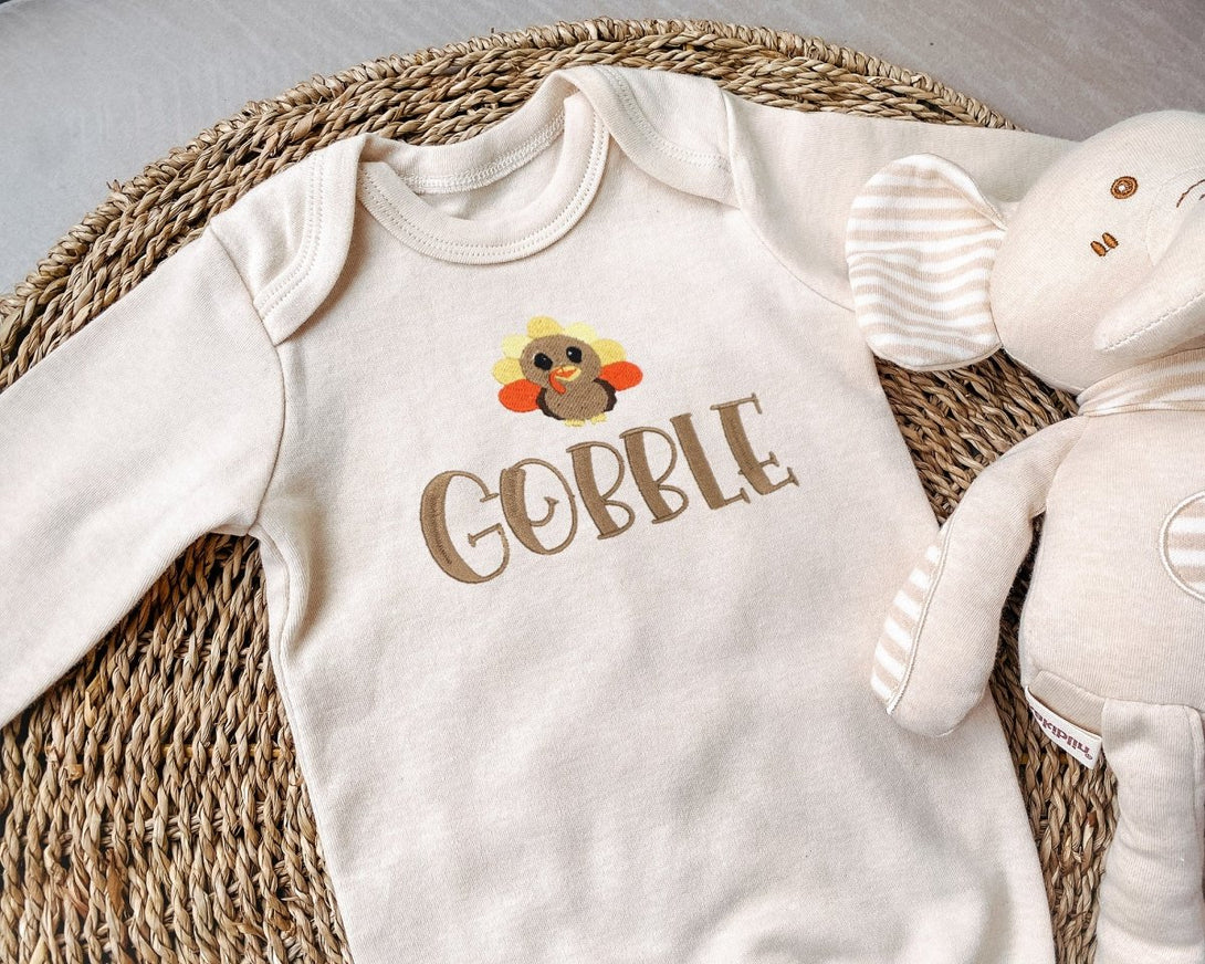 Gobble Gobble Little Turkey My First Thanksgiving Baby Romper – Embroidered Boho Gender Neutral Style - Baby Fall Outfit - BabiChic