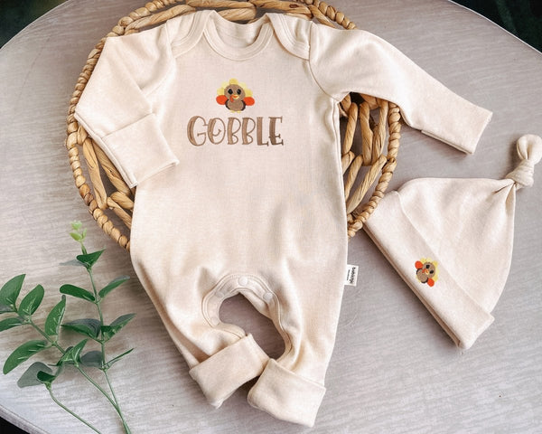 Gobble Gobble Little Turkey My First Thanksgiving Baby Romper – Embroidered Boho Gender Neutral Style - Baby Fall Outfit - BabiChic