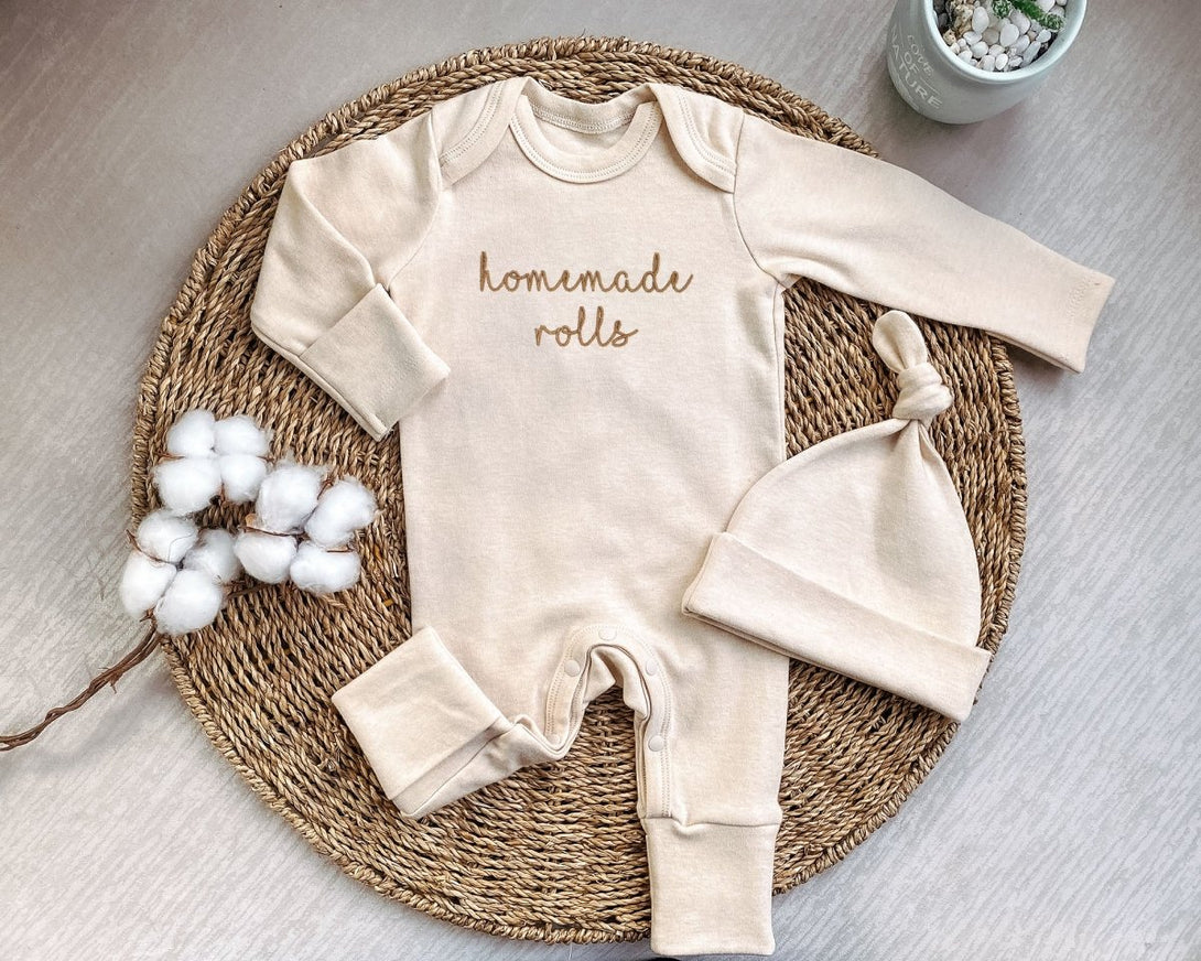 Homemade Rolls My First Thanksgiving Baby Romper Embroidered – Boho Gender Neutral Style - Baby Fall Outfit - BabiChic