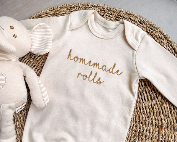 Homemade Rolls My First Thanksgiving Baby Romper Embroidered – Boho Gender Neutral Style - Baby Fall Outfit - BabiChic