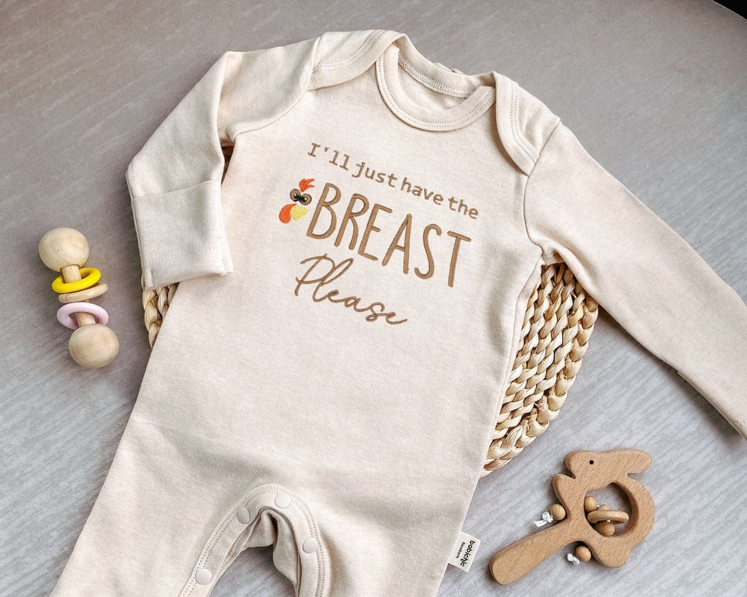 Little Turkey My First Thanksgiving Romper Onesies – Embroidered I'll just have the breast please onesie Fall Gender Neutral Style - BabiChic