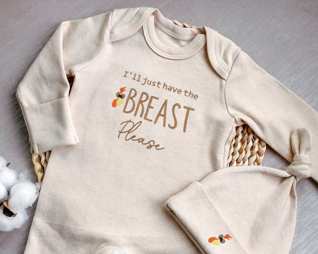 Little Turkey My First Thanksgiving Romper Onesies – Embroidered I'll just have the breast please onesie Fall Gender Neutral Style - BabiChic