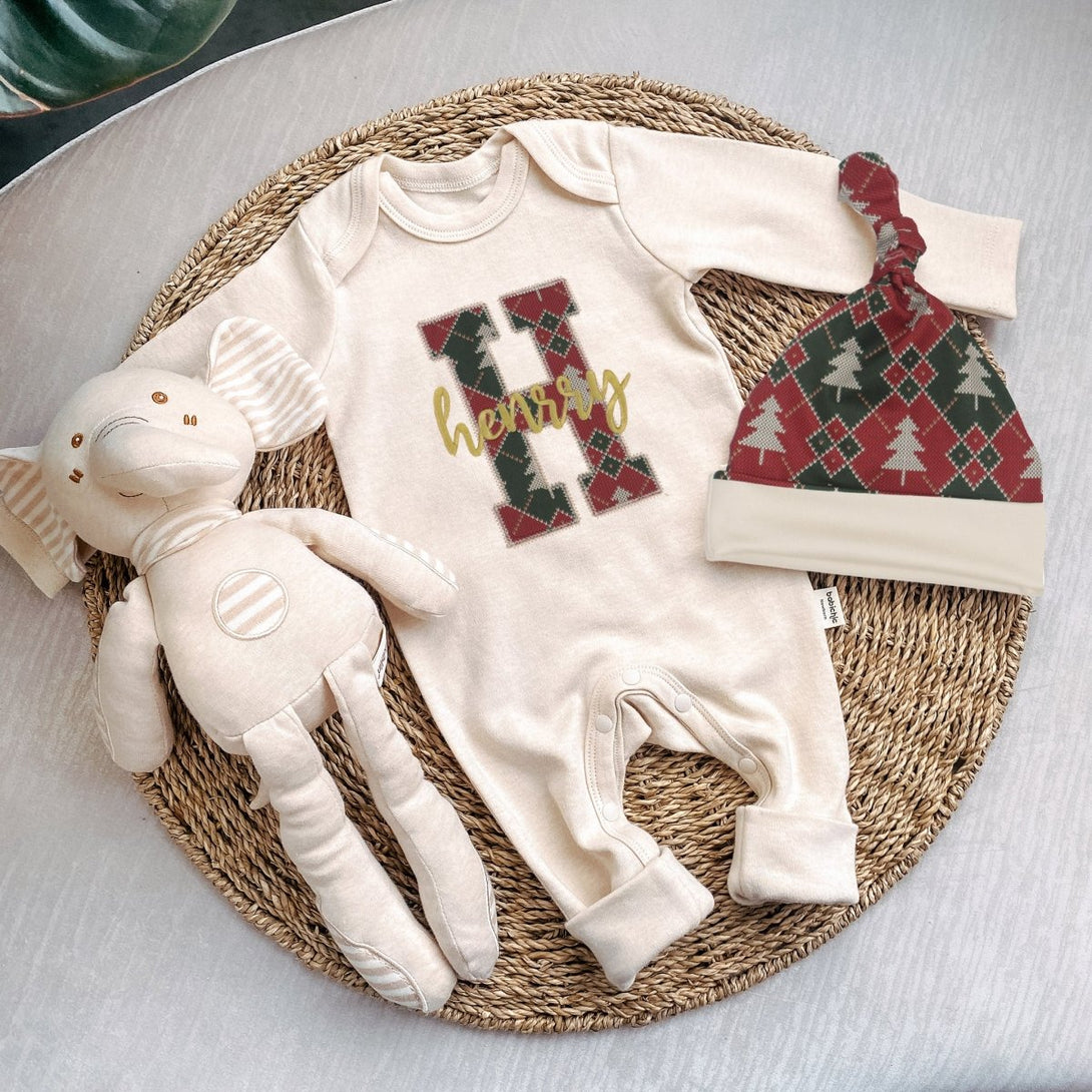 Personalized 1st Christmas baby boy Knitted Romper and Hat Set Embroidered - Christmas Newborn Gifts - Newborn Coming Home Outfit - BabiChic