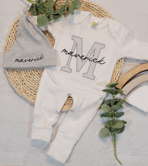 Personalized Baby Boys Romper & Hat Set, Coming Home Outfit, Sleep Footies with Gray - BabiChic