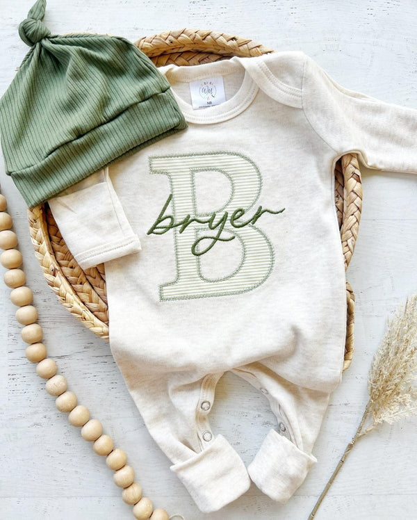 Personalized Baby Boys Romper & Hat Set, Coming Home Outfit, Sleep Footies with Green - BabiChic
