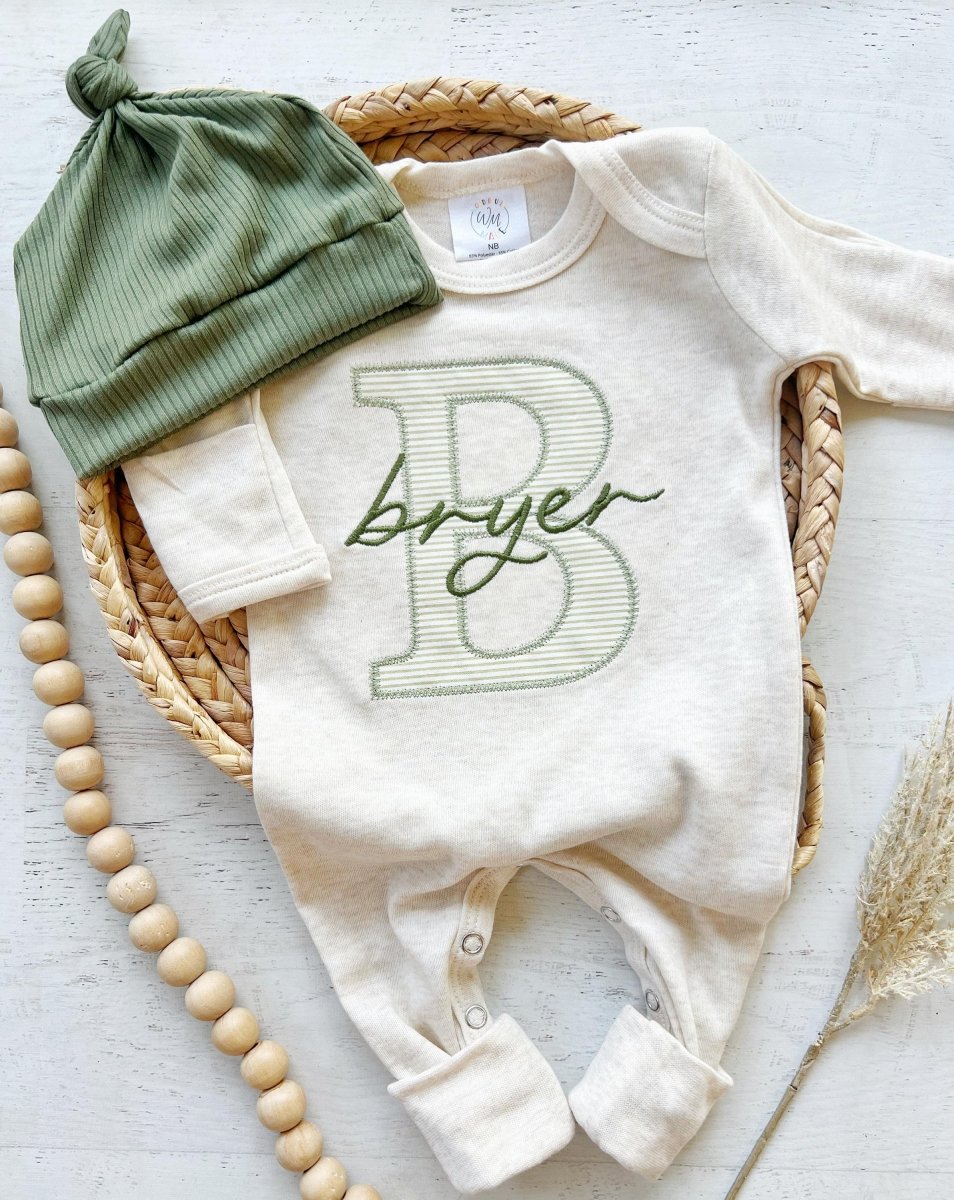 Personalized Baby Boys Romper & Hat Set, Coming Home Outfit, Sleep Footies with Green - BabiChic