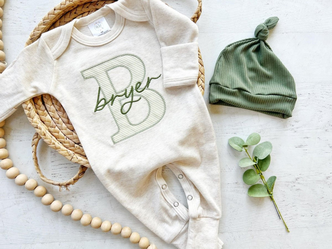 Personalized Baby Boys Romper & Hat Set, Coming Home Outfit, Sleep Footies with Green - BabiChic