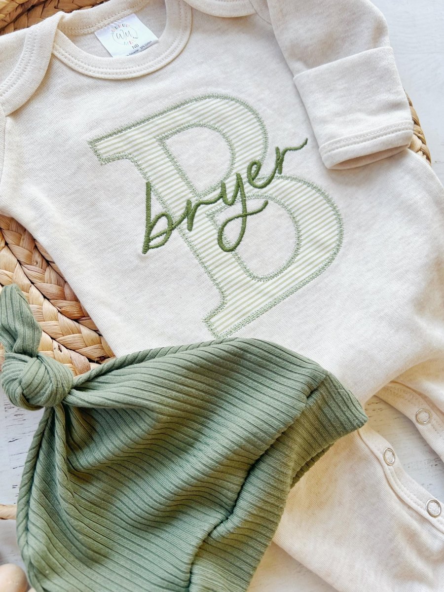 Personalized Baby Boys Romper & Hat Set, Coming Home Outfit, Sleep Footies with Green - BabiChic