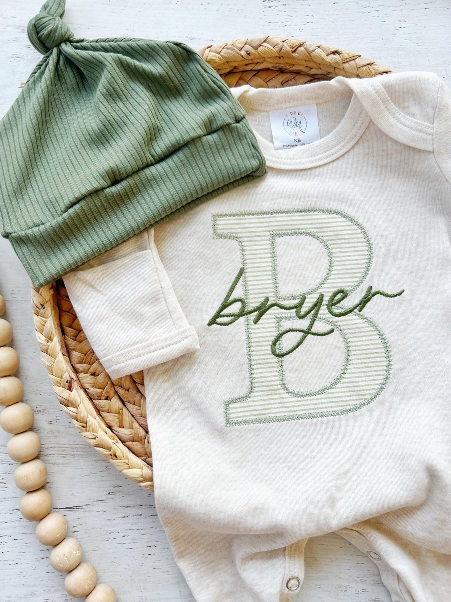 Personalized Baby Boys Romper & Hat Set, Coming Home Outfit, Sleep Footies with Green - BabiChic