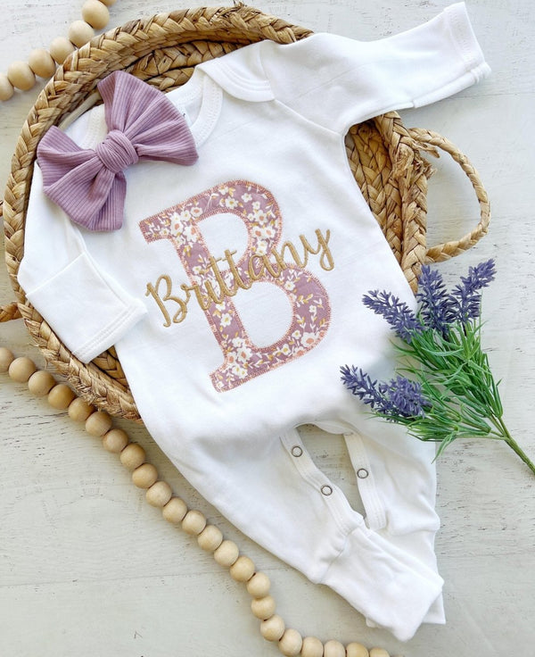 Personalized Baby Girl Romper, Vintage Floral Infant Going Home Outfit, Baby Shower Gift with Purple - BabiChic