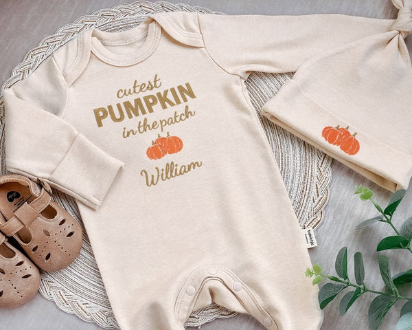 Personalized cutest pumpkin in the patch Neutral Romper Embroidered – My 1st Thanksgiving Baby Little Pumpkin Onesies, Retro Style - BabiChic