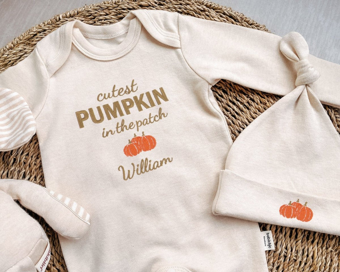 Personalized cutest pumpkin in the patch Neutral Romper Embroidered – My 1st Thanksgiving Baby Little Pumpkin Onesies, Retro Style - BabiChic