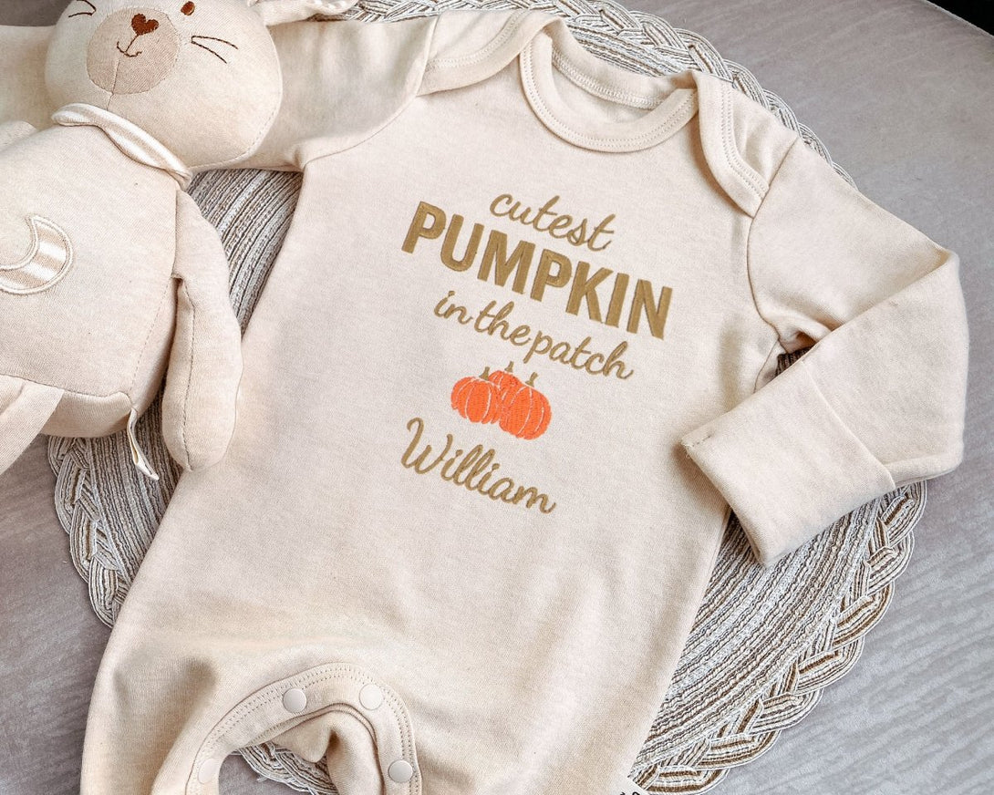 Personalized cutest pumpkin in the patch Neutral Romper Embroidered – My 1st Thanksgiving Baby Little Pumpkin Onesies, Retro Style - BabiChic