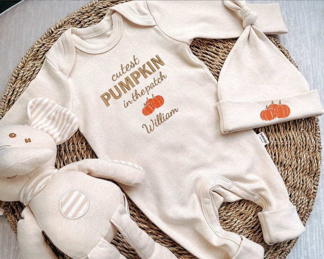 Personalized cutest pumpkin in the patch Neutral Romper Embroidered – My 1st Thanksgiving Baby Little Pumpkin Onesies, Retro Style - BabiChic