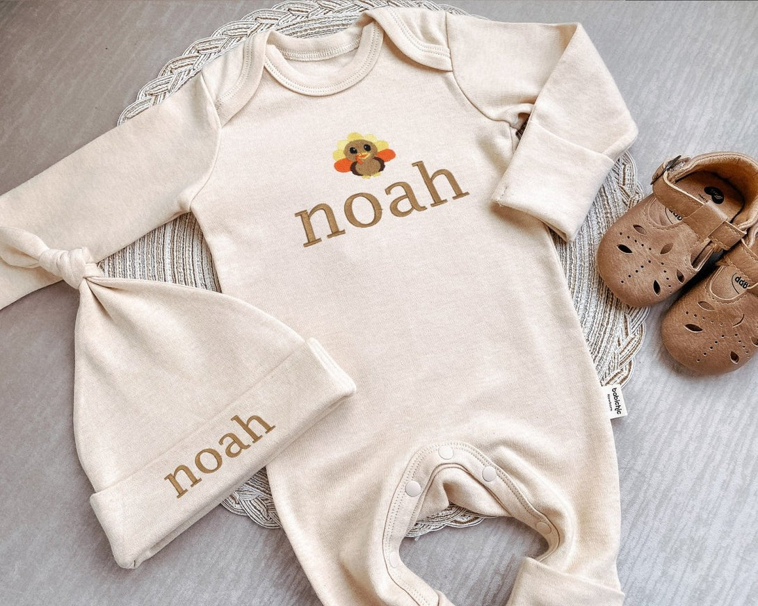 Personalized Embroidered Little Turkey My First Thanksgiving Romper Onesies – Boho Fall Gender Neutral Style - BabiChic