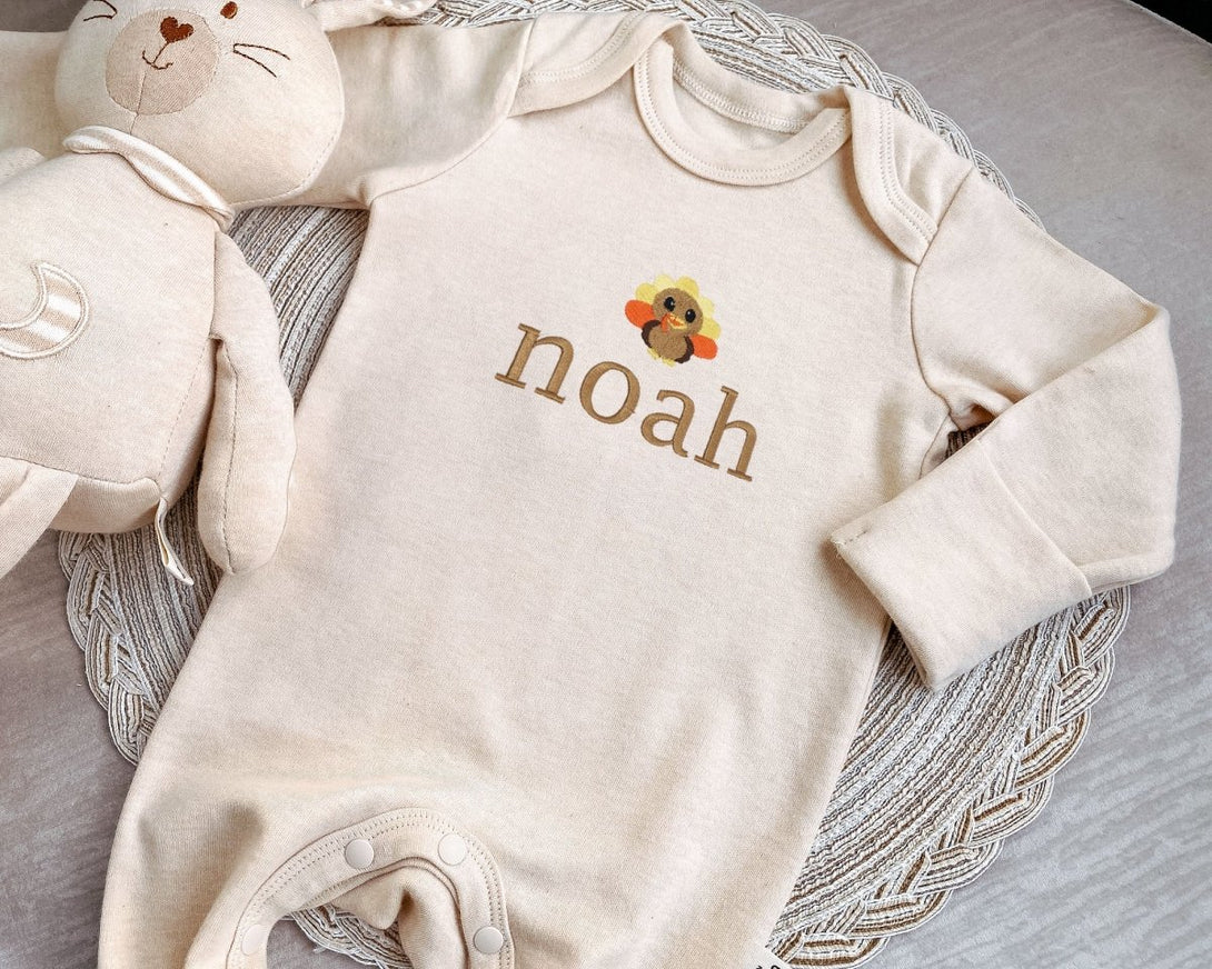 Personalized Embroidered Little Turkey My First Thanksgiving Romper Onesies – Boho Fall Gender Neutral Style - BabiChic