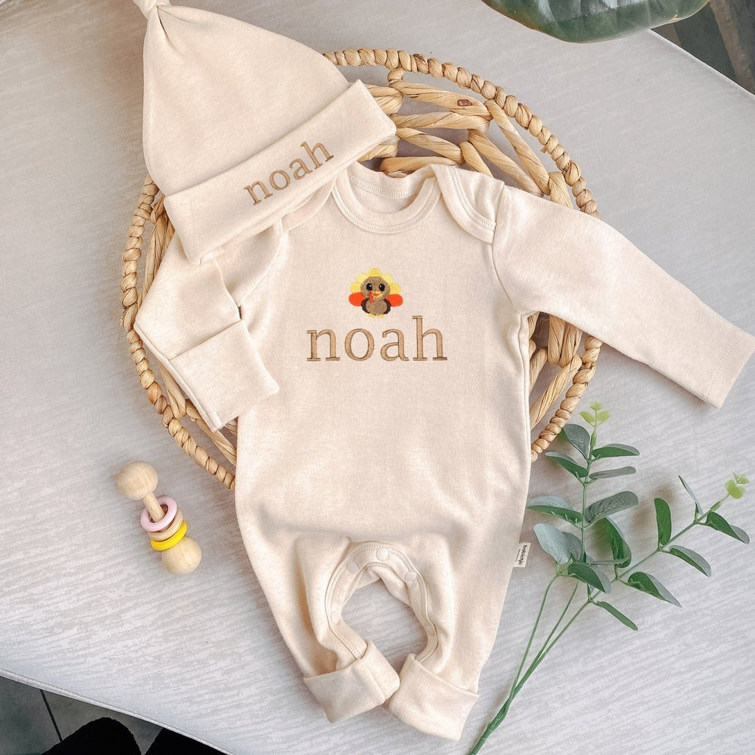 Personalized Embroidered Little Turkey My First Thanksgiving Romper Onesies – Boho Fall Gender Neutral Style - BabiChic