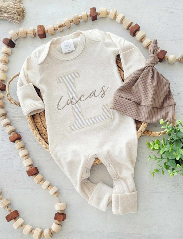 Personalized Neutral Baby Romper And Hat Set, Custom Name Infant Boy Coming Home Outfit, Baby Shower Gift - BabiChic