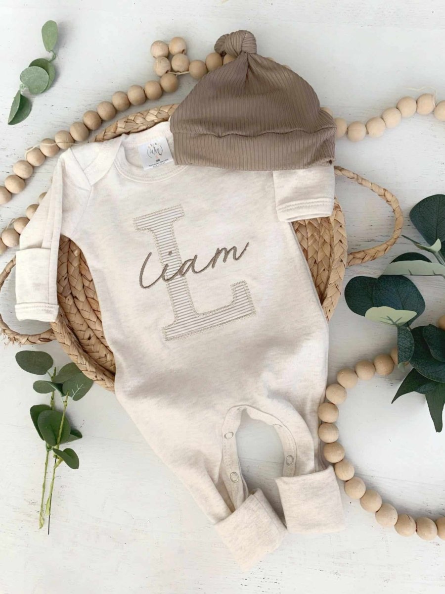 Personalized Neutral Baby Romper And Hat Set, Custom Name Infant Boy Coming Home Outfit, Baby Shower Gift - BabiChic