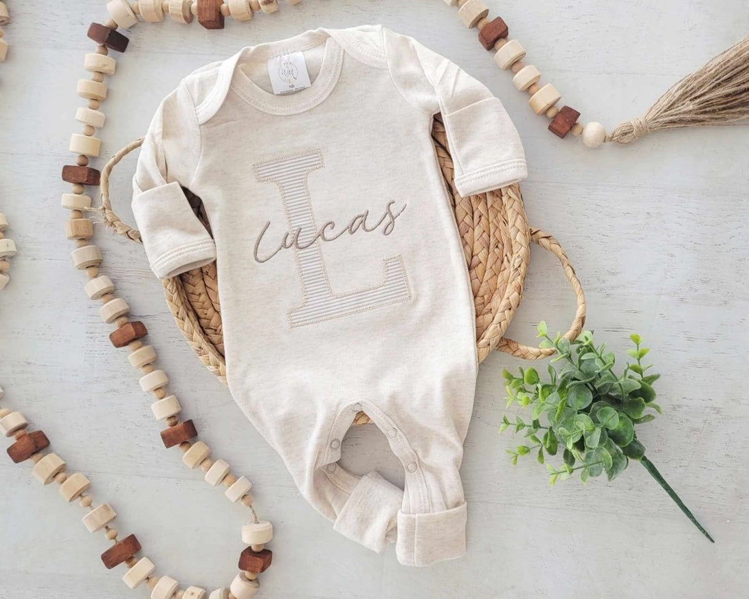 Personalized Neutral Baby Romper And Hat Set, Custom Name Infant Boy Coming Home Outfit, Baby Shower Gift - BabiChic