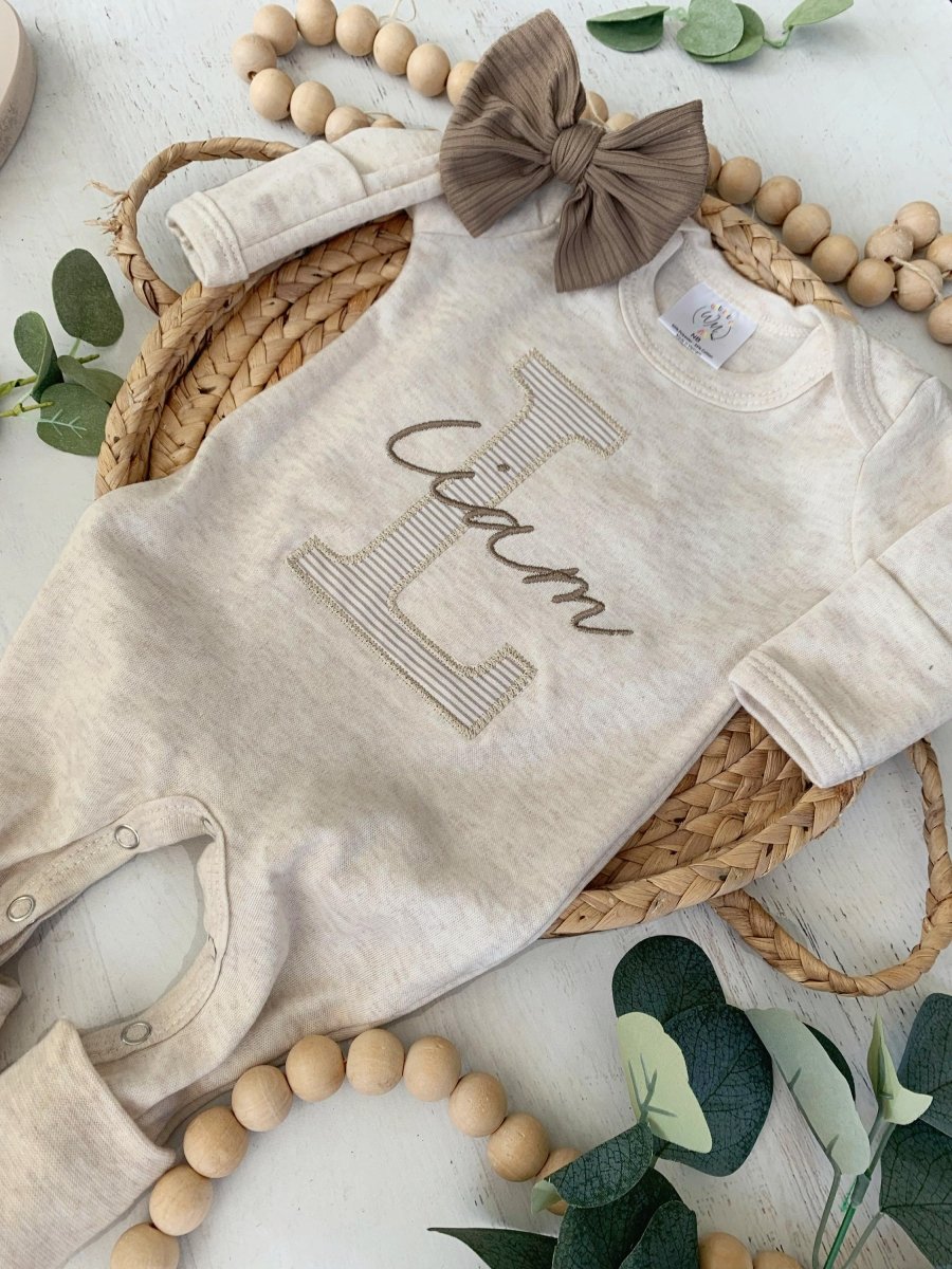 Personalized Neutral Baby Romper And Hat Set, Custom Name Infant Boy Coming Home Outfit, Baby Shower Gift - BabiChic