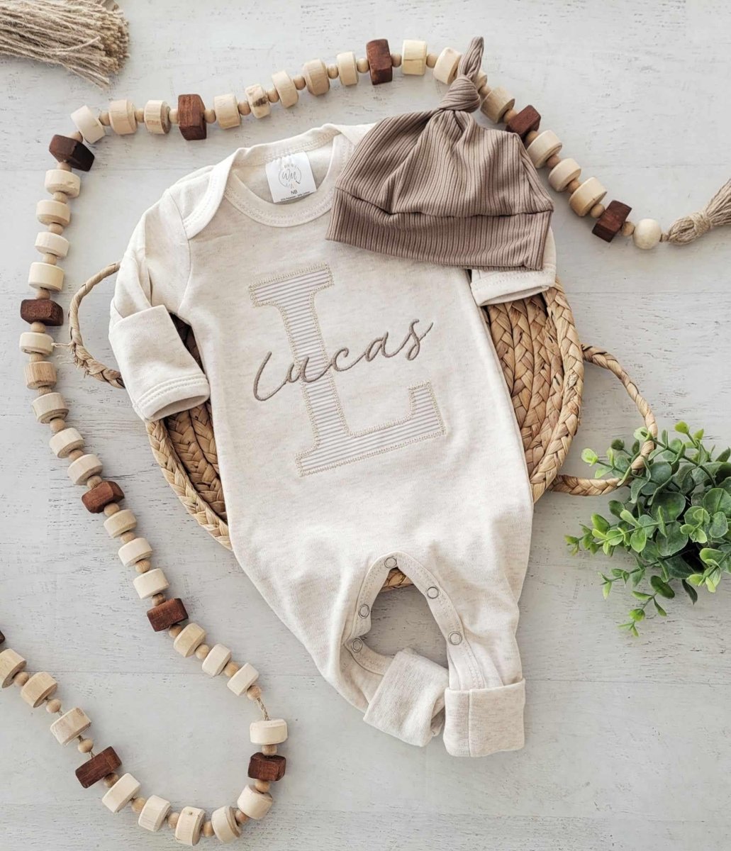 Personalized Neutral Baby Romper And Hat Set, Custom Name Infant Boy Coming Home Outfit, Baby Shower Gift - BabiChic