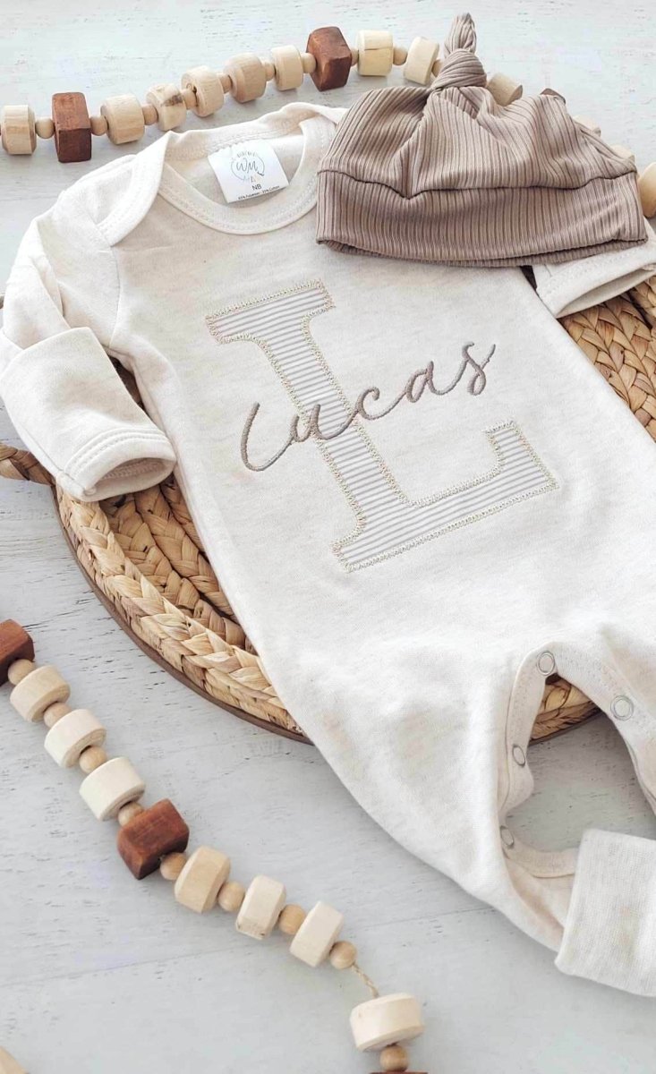 Personalized Neutral Baby Romper And Hat Set, Custom Name Infant Boy Coming Home Outfit, Baby Shower Gift - BabiChic