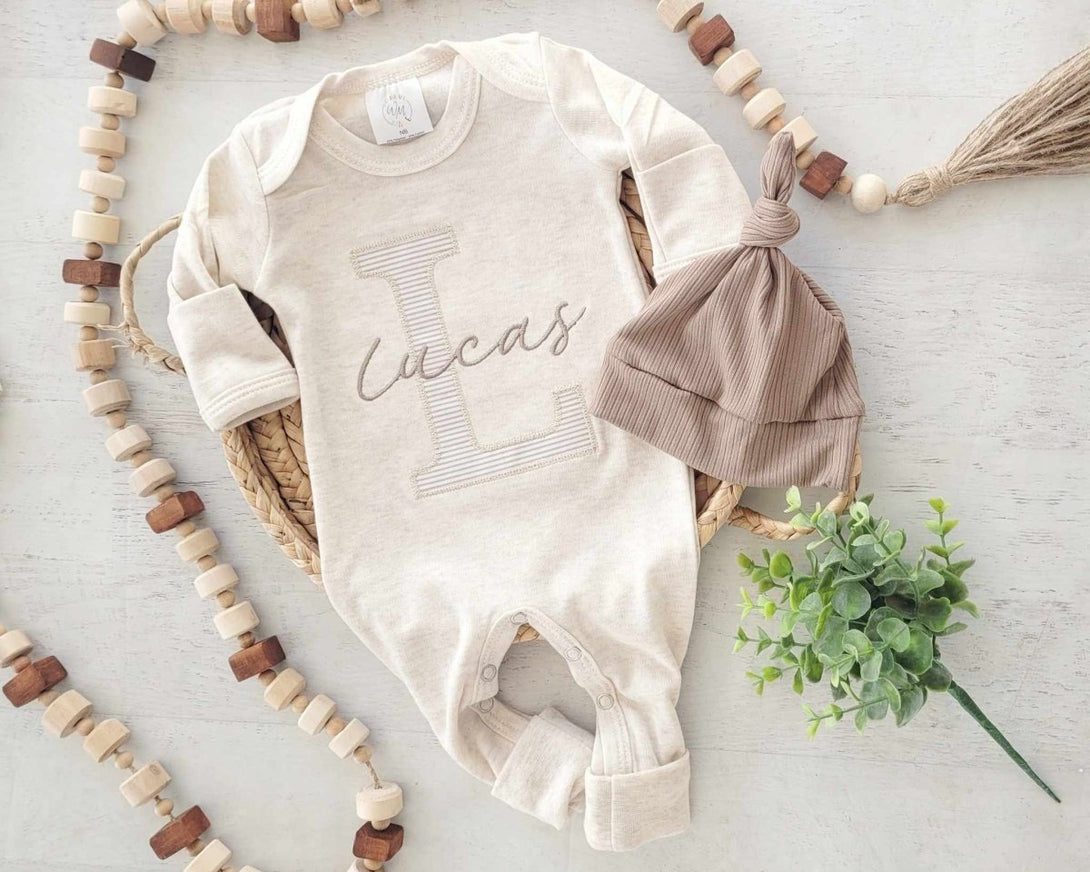 Personalized Neutral Baby Romper And Hat Set, Custom Name Infant Boy Coming Home Outfit, Baby Shower Gift - BabiChic