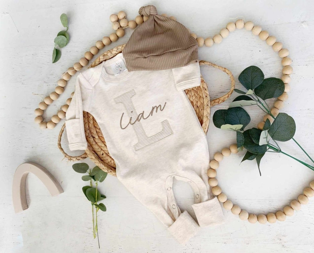 Personalized Neutral Baby Romper And Hat Set, Custom Name Infant Boy Coming Home Outfit, Baby Shower Gift - BabiChic