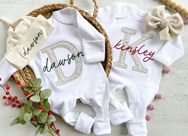 Personalized Neutral Baby Romper And Hat Set, Custom Name Twins Coming Home Outfit, Baby Shower Gift For Twins - BabiChic