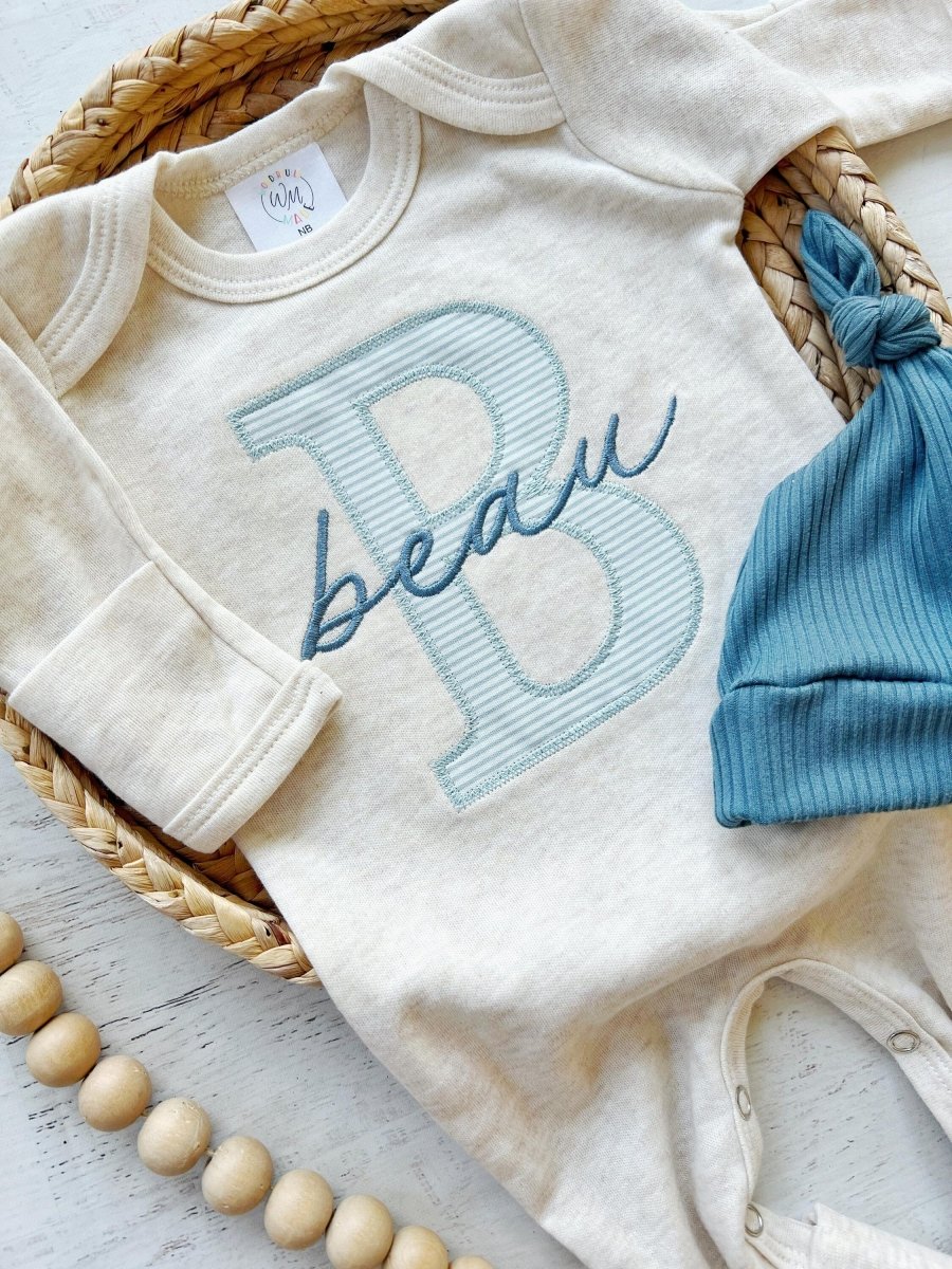 Personalized Neutral Baby Romper & Hat Set, Custom Infant Coming Home Outfit, Baby Shower Gift - BabiChic