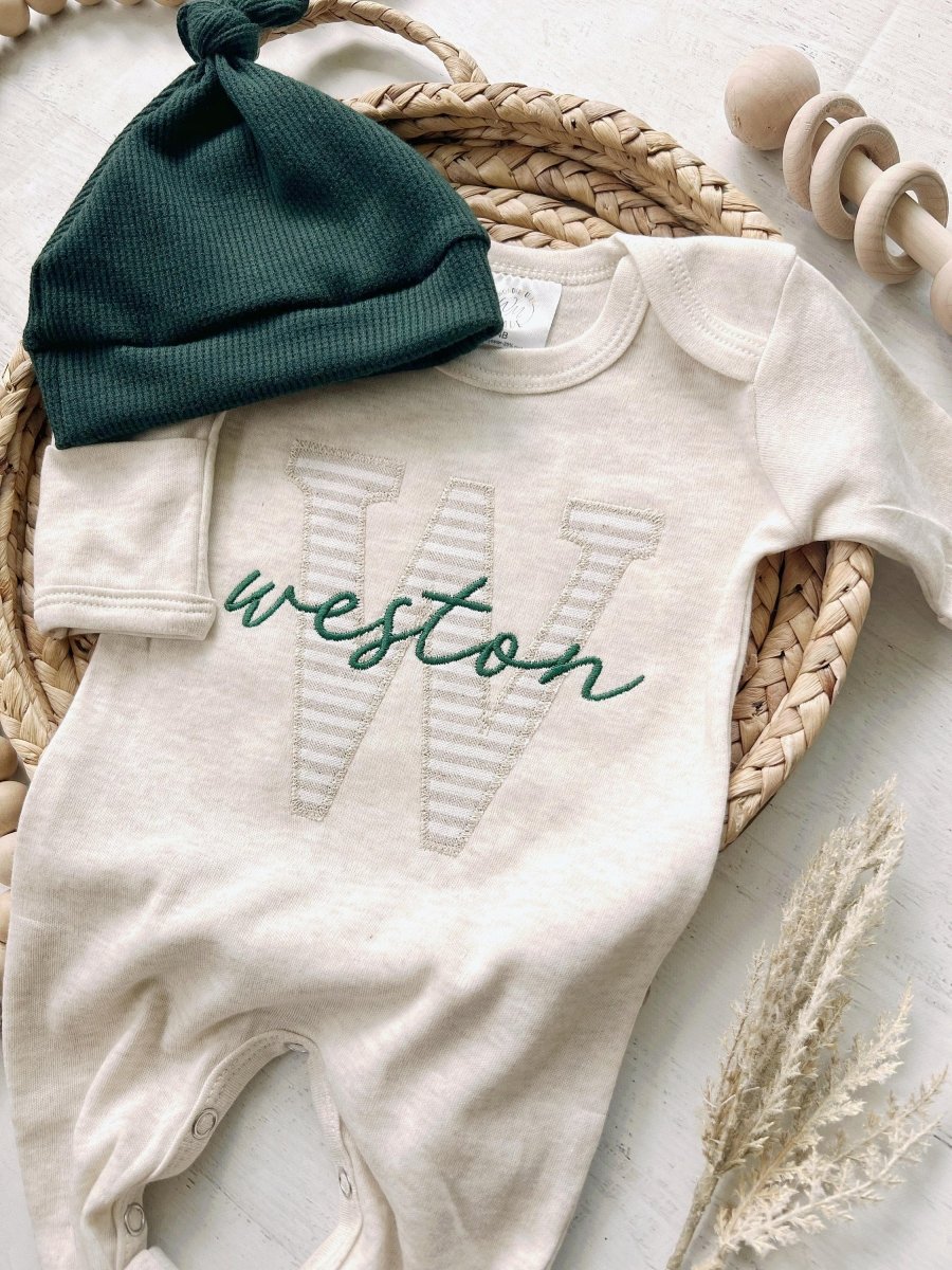 Personalized Neutral Baby Romper & Hat Set, Customized Infant Coming Home Outfit, Sleep Footies Green - BabiChic