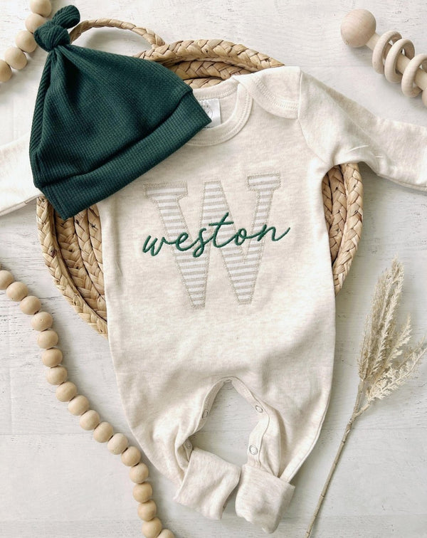 Personalized Neutral Baby Romper & Hat Set, Customized Infant Coming Home Outfit, Sleep Footies Green - BabiChic