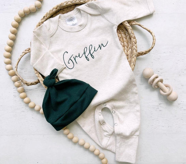 Personalized Oatmeal And Forest Green Stitch Romper With Hat, Custom Baby Boy Coming Home Outfit - BabiChic