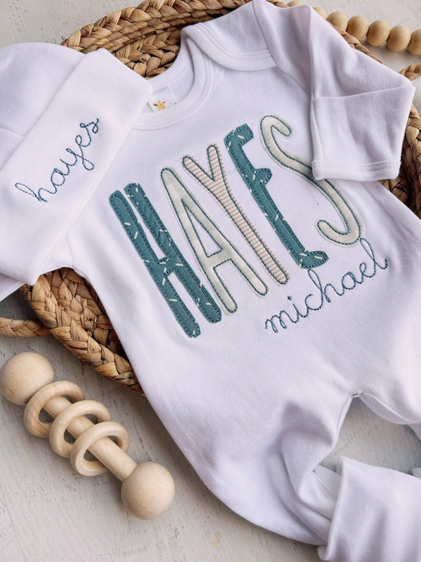 Personalized Soft Blues Romper, Custom Infant Boy Coming Home Outfit, Baby Shower Gift - BabiChic
