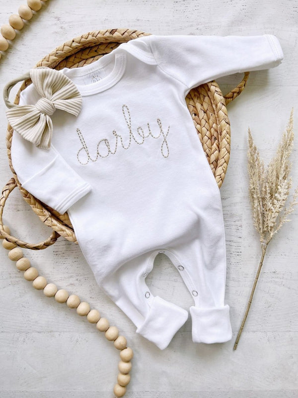 Personalized white baby romper beige vintage stitch girl romper with bow custom girl coming home outfit baby shower gift going home - BabiChic