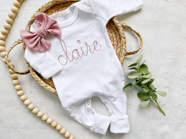 Personalized white baby romper blush vintage stitch girl romper with bow custom girl coming home outfit baby shower gift going home - BabiChic