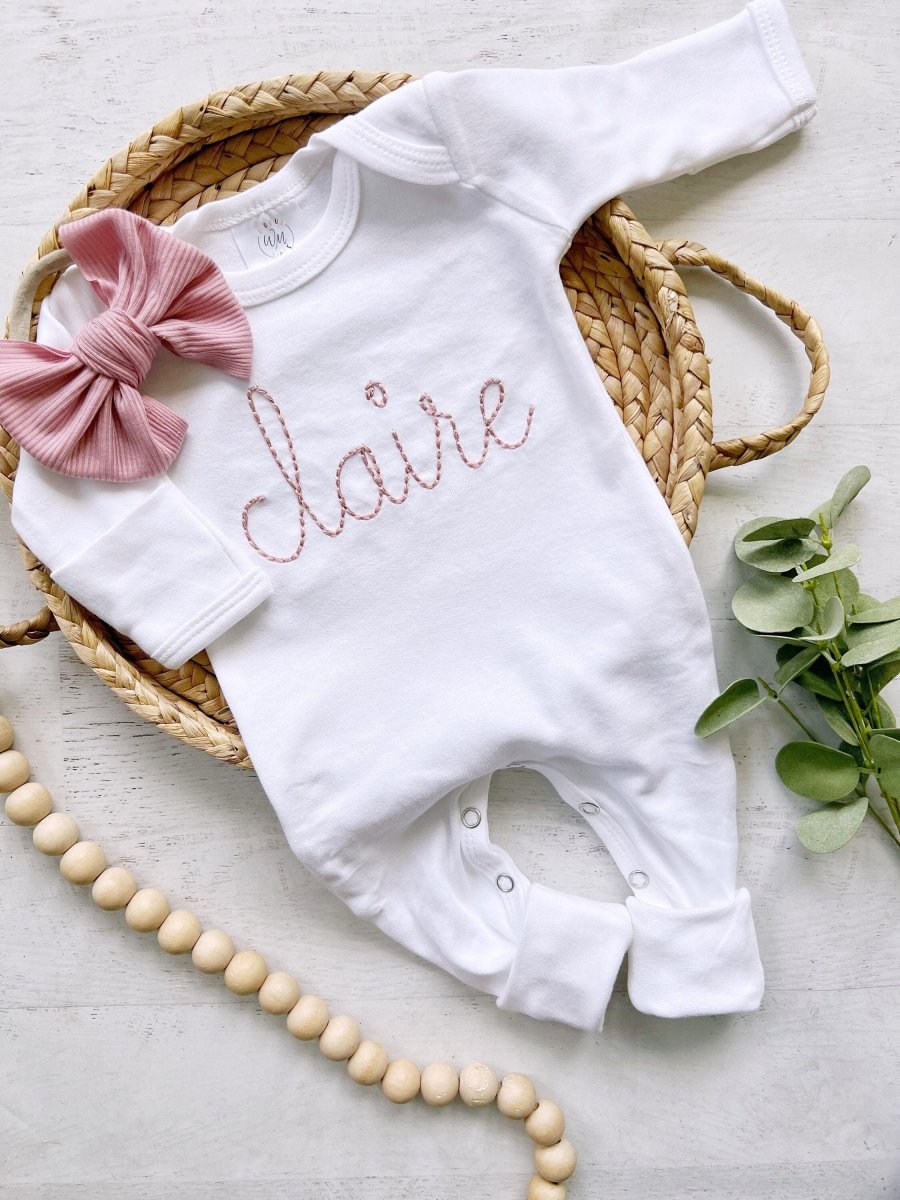 Personalized white baby romper blush vintage stitch girl romper with bow custom girl coming home outfit baby shower gift going home - BabiChic