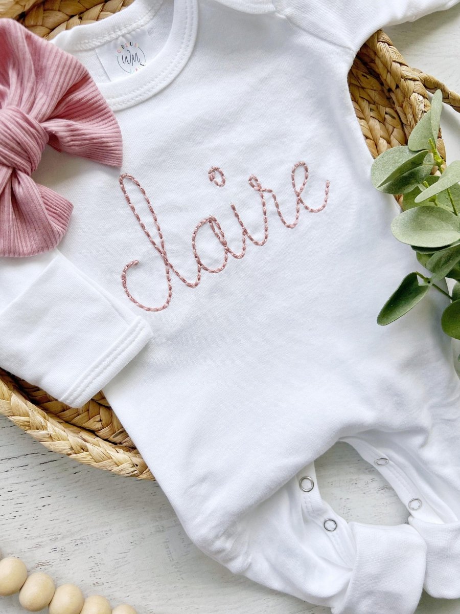 Personalized white baby romper blush vintage stitch girl romper with bow custom girl coming home outfit baby shower gift going home - BabiChic