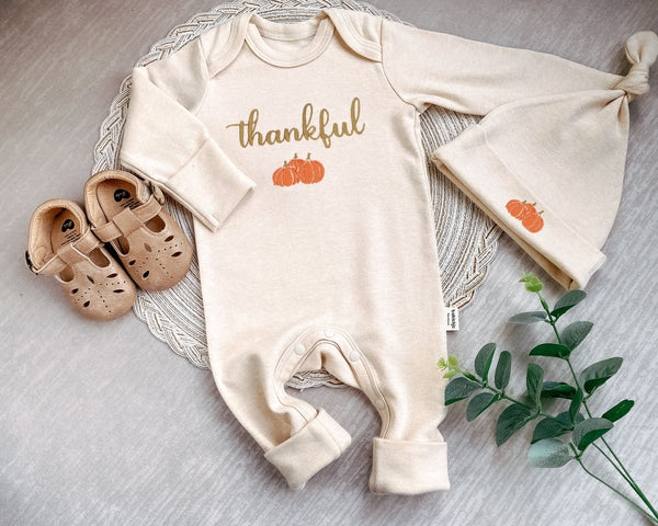 Thankful Thanksgiving Baby Romper Embroidered – Boho Gender Neutral Style - Baby Fall Outfit - BabiChic